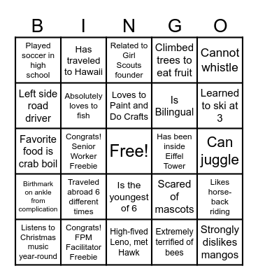In-Home Team Bingo Card