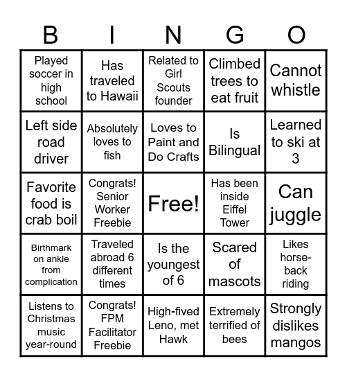 In-Home Team Bingo Card