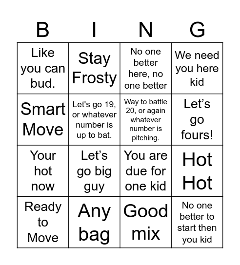 BASEBALL BINGO Card