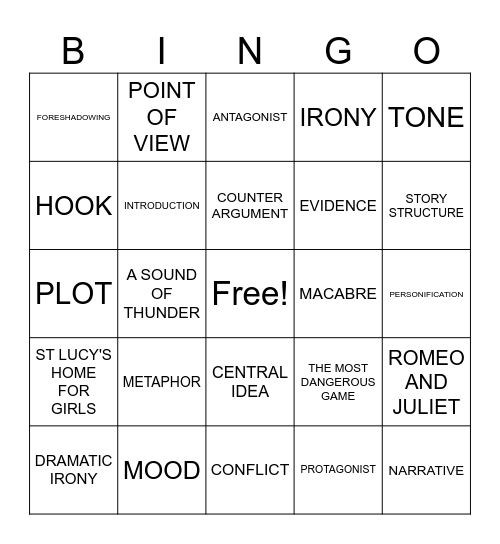 ENGLISH 9 BINGO Card