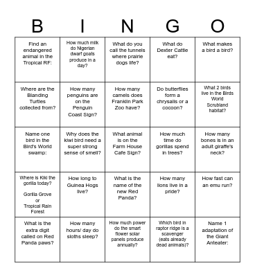 Zoo Bingo Card