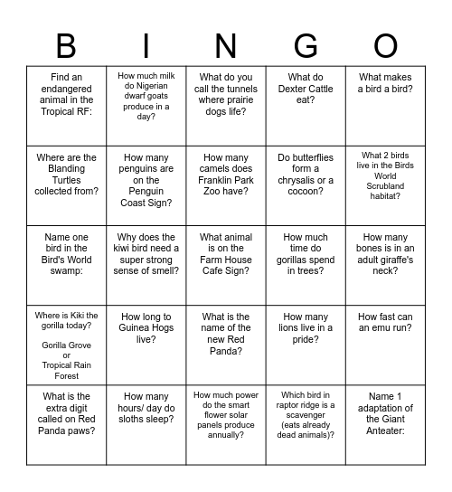 Zoo Bingo Card
