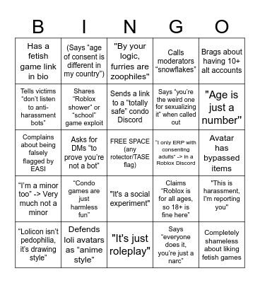 Roblox pedophile bingo Card
