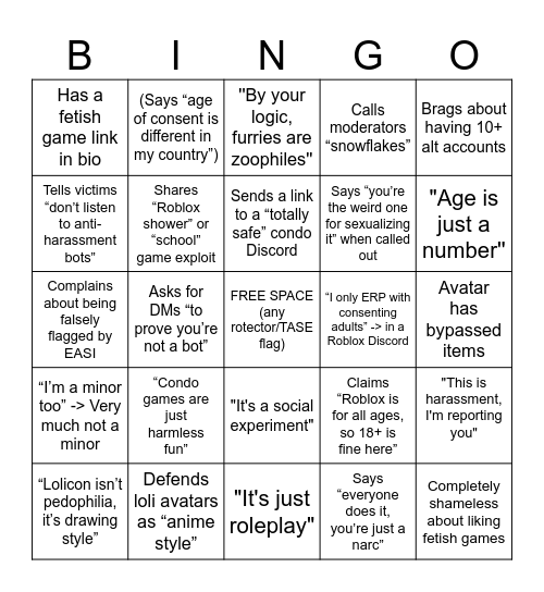 Roblox pedophile bingo Card