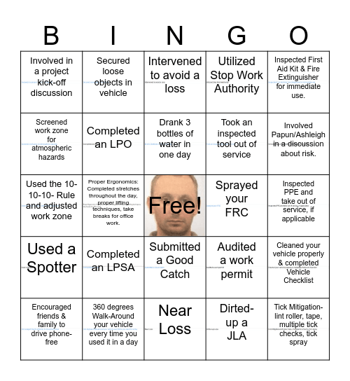 Bayway Safety BINGO Card