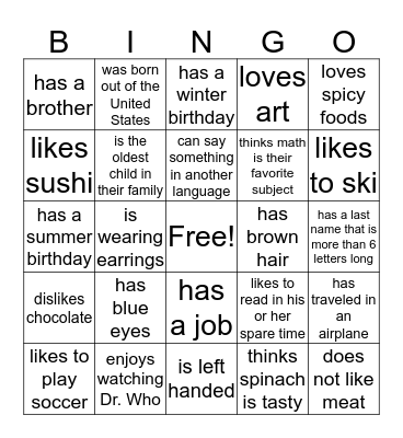 Find Someone Who. . .  Bingo Card