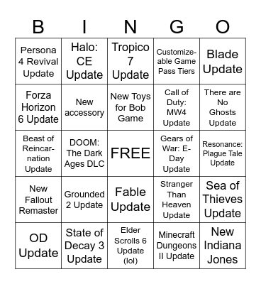 Xbox Bingo Card