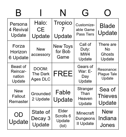 Xbox Bingo Card