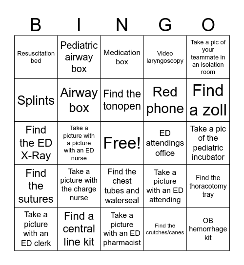 Emergency Medicine Intern Orientation 2026 Bingo Card
