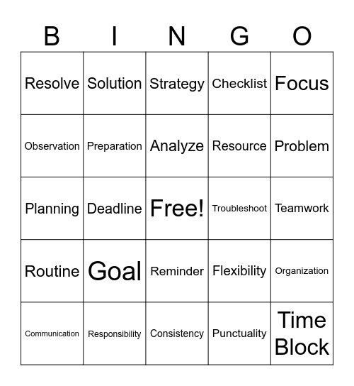 Time Management and Problem-Solving Bingo Card