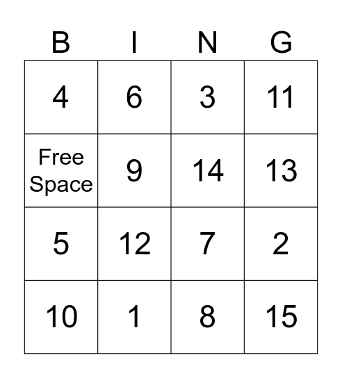1-15 Bingo Card
