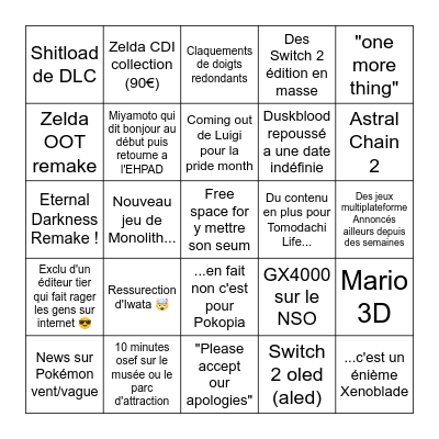 Nintendo Direct de juin Bingo Card