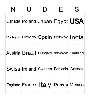 Nude Bingo (Country) Bingo Card