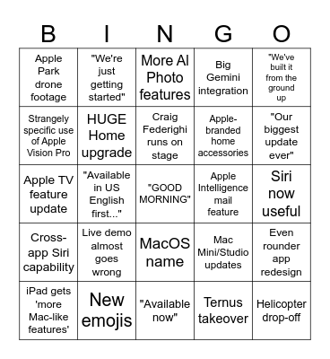 WWDC 26 Bingo Card