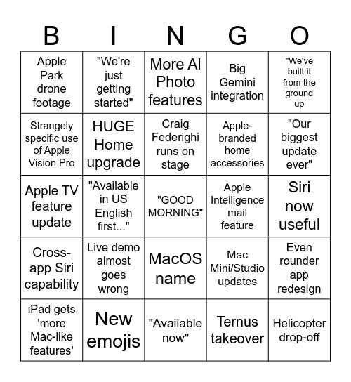 WWDC 26 Bingo Card