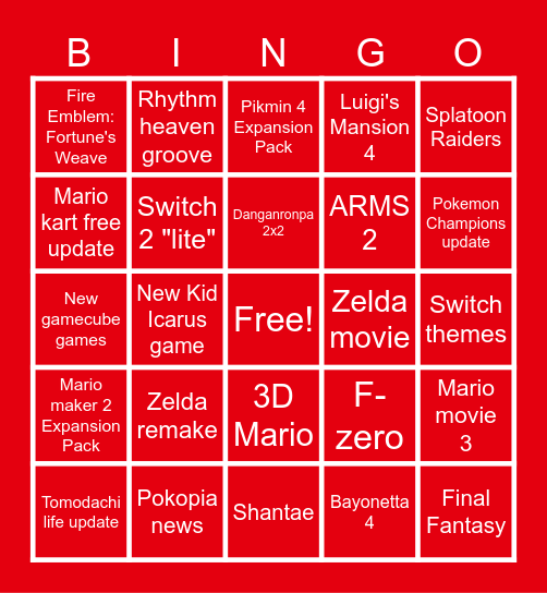 Nintendo direct 2026 summer Bingo Card