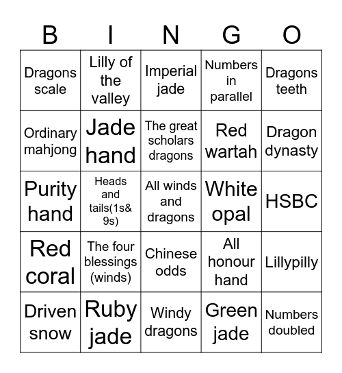 Mahjong Bingo (N & N) Bingo Card