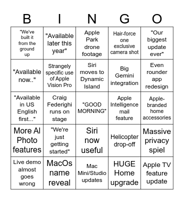 WWDC 26 Bingo Card