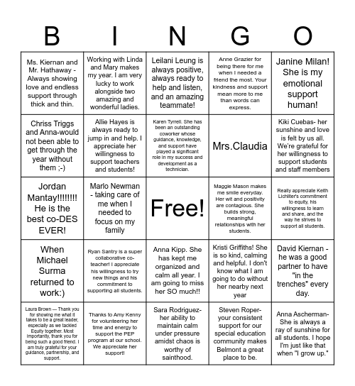 Belmont Bingo Card