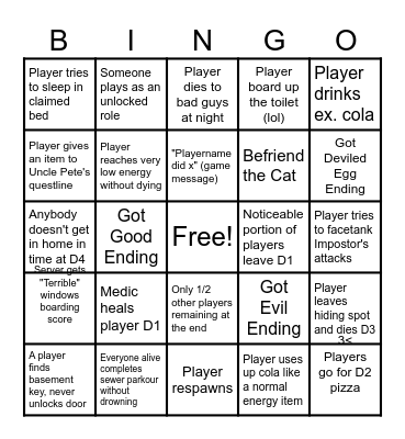 Roblox Break In 1 Bingo Card