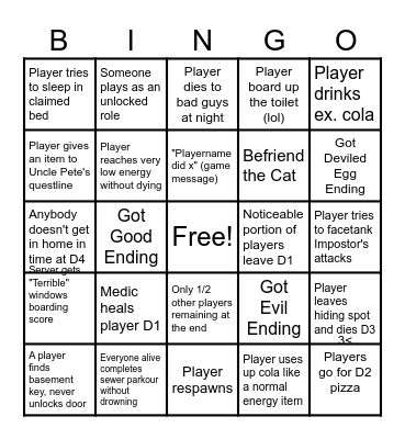 Roblox Break In 1 Bingo Card
