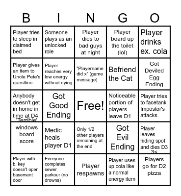Roblox Break In 1 Bingo Card