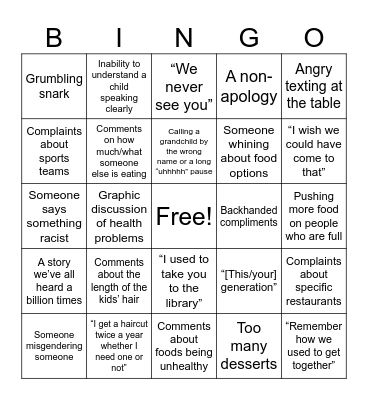 We Love Family Gatherings Bingo Card