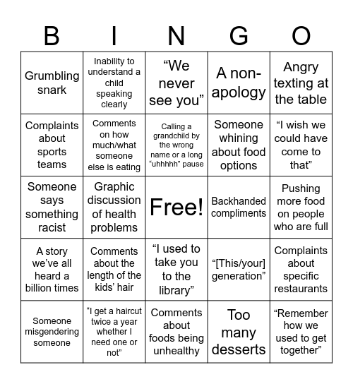 We Love Family Gatherings Bingo Card