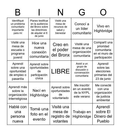 Tarjeta de Bingo de Participación Cívica Bingo Card