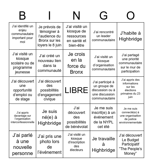 Carte de Bingo de l’Engagement Civique Bingo Card