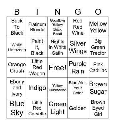 Color Song Titles Bingo Card