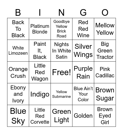 Color Song Titles Bingo Card