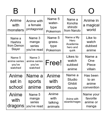 All things anime Bingo Card