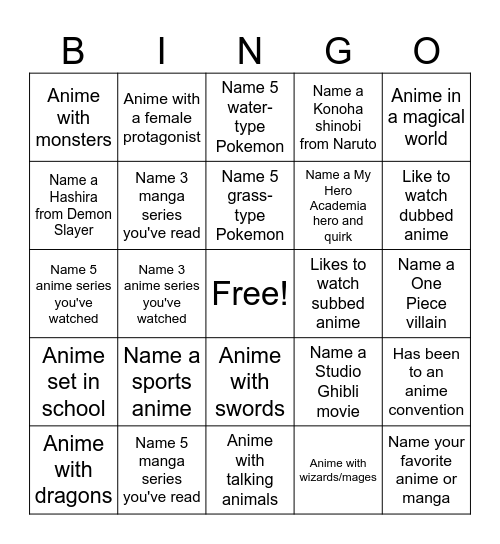 All things anime Bingo Card