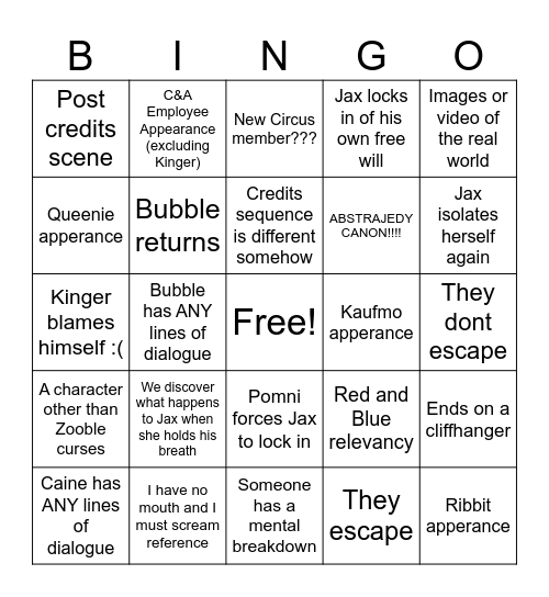 TADC Last Act Bingo Card