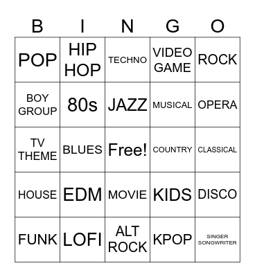 MUSIC GENRE BINGO Card