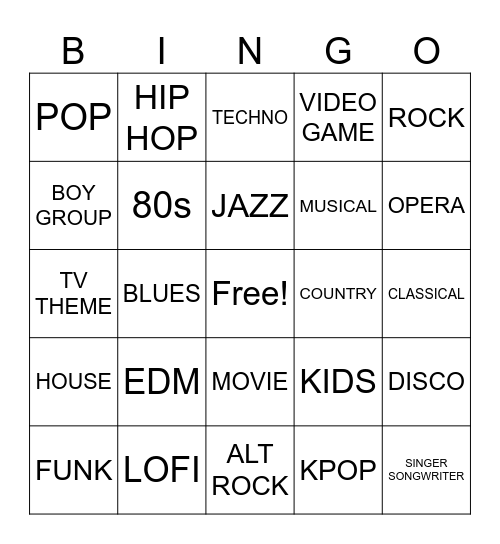 MUSIC GENRE BINGO Card