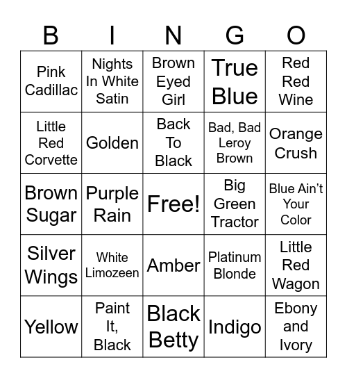 Color Song Titles Bingo Card