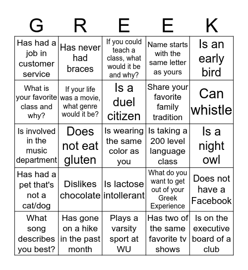 Greek Get to Know You Bingo  Bingo Card