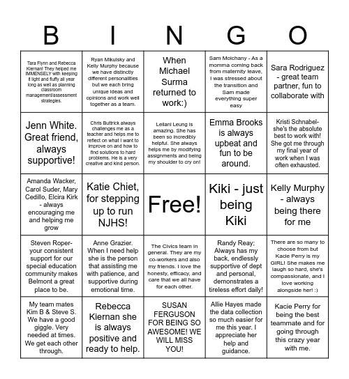 Belmont Bingo Card