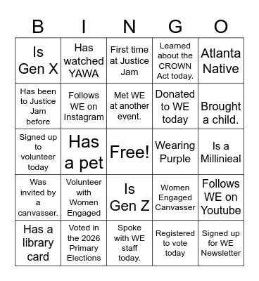 2026 Justice Jam Bingo Card