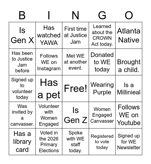 2026 Justice Jam Bingo Card