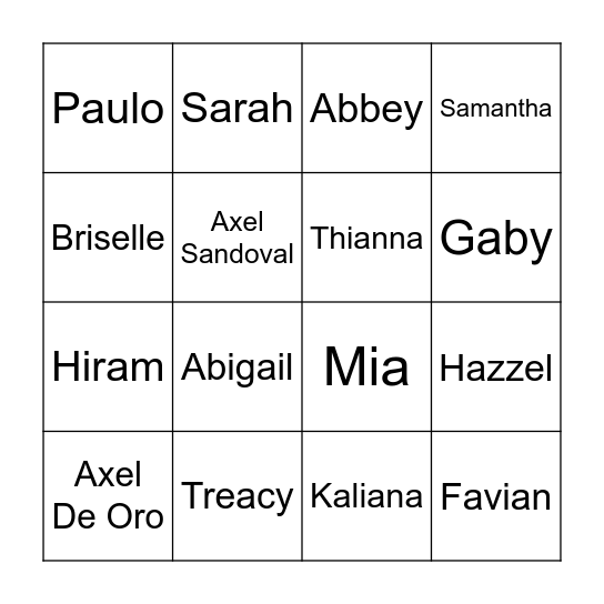 Group A BINGO Card