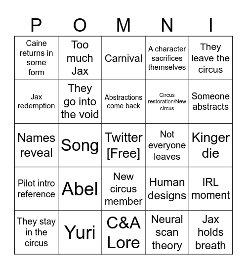 TADC ep 9 Bingo Card