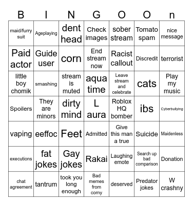 Corny’s Chat Bingo list Bingo Card