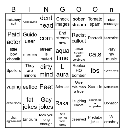 Corny’s Chat Bingo list Bingo Card