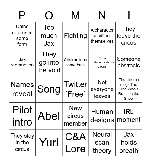 TADC ep 9 Bingo Card