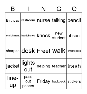Back to School Bingo Card