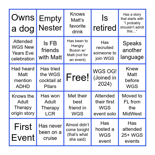 WGS Ice Breaker Bingo Card
