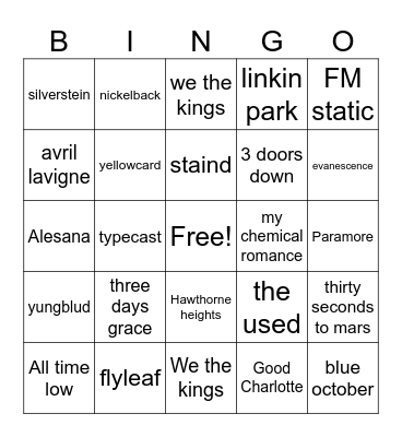 Emo bands Bingo Card